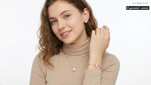 Clover Necklace and Bracelet Set + Four Leaf Clover Earrings, 18K Gold Plated Dainty Jewelry Gift for Women (Pearl White/Ocean Blue/Sweet Lilac) - color: Sweet Lilac