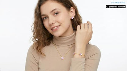 Clover Necklace and Bracelet Set + Four Leaf Clover Earrings, 18K Gold Plated Dainty Jewelry Gift for Women (Pearl White/Ocean Blue/Sweet Lilac) - color: Sweet Lilac