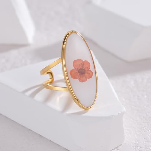 Hebelee Handmade Dried Flower Statement Ring for Women | Gold-Toned Stainless Steel,Adjustable,Pressed Blossom Forget-Me-Not Flowers Open Band Rings,Wedding Holiday Jewelry - color: Oval
