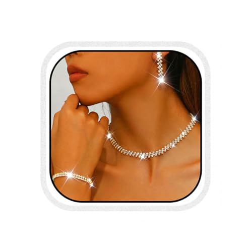 Rhinestone Bridal Wedding Jewelry Sets Silver Necklace Earrings Bracelet Set Prom Formal Costume Jewelry Set for Women and Brides - color: Gold