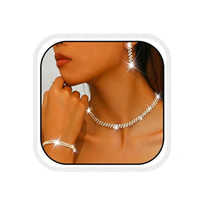 Rhinestone Bridal Wedding Jewelry Sets Silver Necklace Earrings Bracelet Set Prom Formal Costume Jewelry Set for Women and Brides - color: Gold