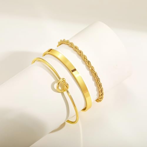 14K Gold Plated Stackable Bangle Bracelets for Women | Dainty Cuff Bracelets, Stackable for Women, Waterproof Bracelet Stack, Gold Jewelry Gifts Trendy Adjustable Accessories - color: 3-layer-E-Gold