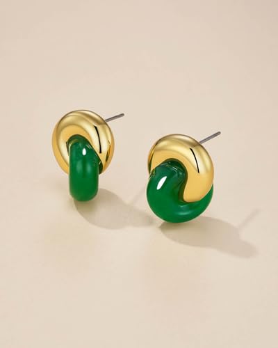 Small Twist Interlock Chunky 18K gold plated Gemstone Natural Stone (Brown, Green, Pink, White) Statement Earrings for Women by SNGIA, Dainty Love Knot Tiger Eye Amber Jade Tourmaline Bold Handmade Exaggerated Dome Retro Rounded Button Half Ball Trendy Bo