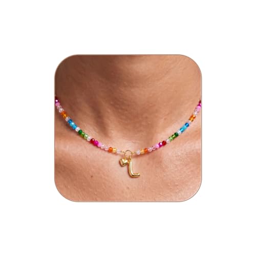 Initial Necklace for Women Colorful Beaded Necklaces Initial Heart Bubble Letter Necklace Summer Necklace Jewelry Gift - color: L