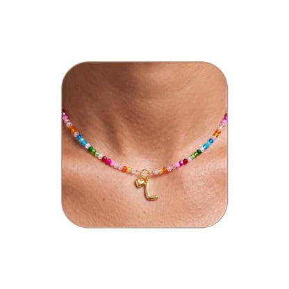 Initial Necklace for Women Colorful Beaded Necklaces Initial Heart Bubble Letter Necklace Summer Necklace Jewelry Gift - color: L