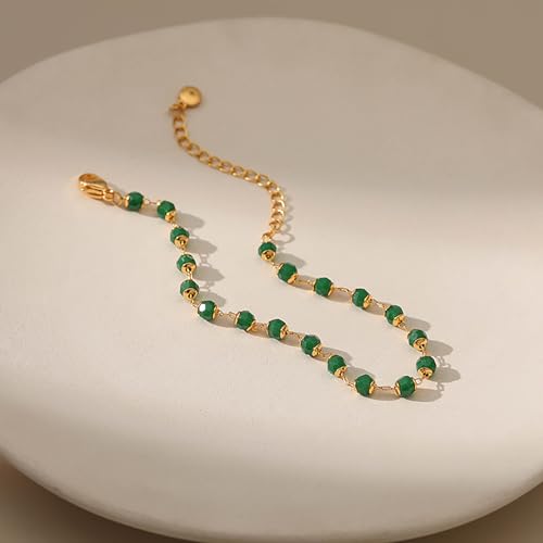 Dainty Gold Bracelets for Women, 18 Gold Plated Adjustable Evil Eye/Butterfly/Beaded/Pearl/Heart/Turquoise Handmade Bracelet for Women - style: Emerald Bead