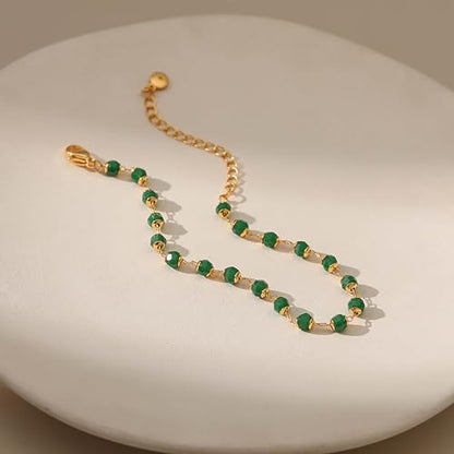 Dainty Gold Bracelets for Women, 18 Gold Plated Adjustable Evil Eye/Butterfly/Beaded/Pearl/Heart/Turquoise Handmade Bracelet for Women - style: Emerald Bead
