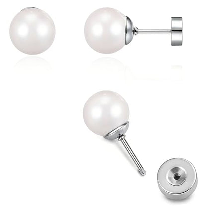Pearl Earrings Studs for Women, 1 Pair Gold Filled Silver Hypoallergenic Titanium 20G Post with Screw Flat Back Small Pearls Jewelry Gift - color: Silver, size: 5mm Pearl