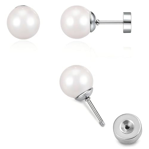 Pearl Earrings Studs for Women, 1 Pair Gold Filled Silver Hypoallergenic Titanium 20G Post with Screw Flat Back Small Pearls Jewelry Gift - color: Silver, size: 8mm Pearl
