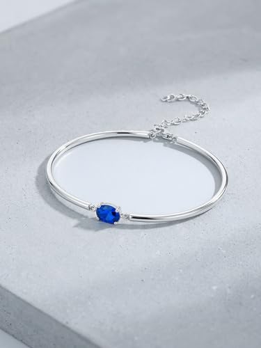 Moissanite/Sapphire/Ruby/Emerald Cuff Bracelet 1 Carat Oval Cut Center Stone Inlaid 925 Sterling Silver 14K Gold Plated Adjustable Birthstone Bangle for Women fit Wrist 5-7.5 Inch - color: Sapphire Silver