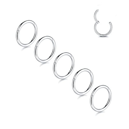 Aumeo 14G 16G 18G 20G Nose Ring Hoop Stainless Steel Hinged Segment Rings Hoops Nose Clicker Ring Tragus Helix Cartilage Daith Rook Earring Piercing Jewelry for Women Men - style: 5pcs 20g 6mm Silver