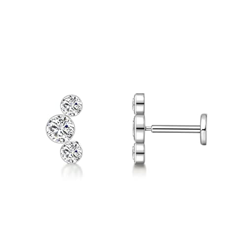 limerencia G23 Hypoallergenic 18g Flat Back Stud Earrings | F136 Implant Grade Titanium Pressfit Threadless Push Pop in Cartilage Helix Labret Lip Monroe Tragus Flat Back Piercing Studs - color: Three Crystal Cluster Silver