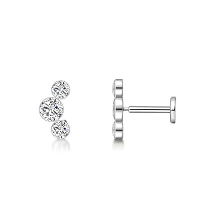 limerencia G23 Hypoallergenic 18g Flat Back Stud Earrings | F136 Implant Grade Titanium Pressfit Threadless Push Pop in Cartilage Helix Labret Lip Monroe Tragus Flat Back Piercing Studs - color: Three Crystal Cluster Silver