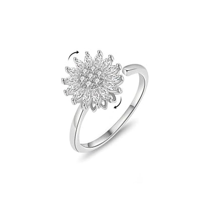 Sunflower Fidget Ring for Women Gold Anxiety Crystal Rings Cubic Zirconia Sunflower Open Adjustable Fidget Ring Spinner Sun Ring for Men Trendy Jewelry - color: Sunflower Silver