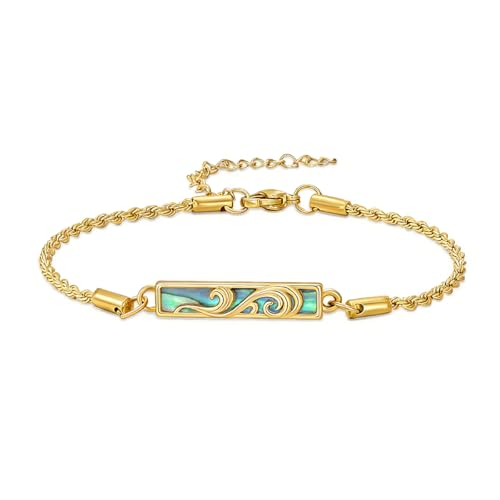 Waves/Tree of Life/Mushrooms/Moon Phase/Butterfly/Hummingbird Bracelet/Anklet 925 Sterling Silver Adjustable Abalone Shell Bar Bracelet/Anklet Summer Jewelry Gifts for Women - color: Waves-Abalone-Yellow Gold, size: Bracele 7"+2"