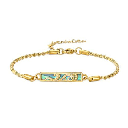 Waves/Tree of Life/Mushrooms/Moon Phase/Butterfly/Hummingbird Bracelet/Anklet 925 Sterling Silver Adjustable Abalone Shell Bar Bracelet/Anklet Summer Jewelry Gifts for Women - color: Waves-Abalone-Yellow Gold, size: Bracele 7"+2"