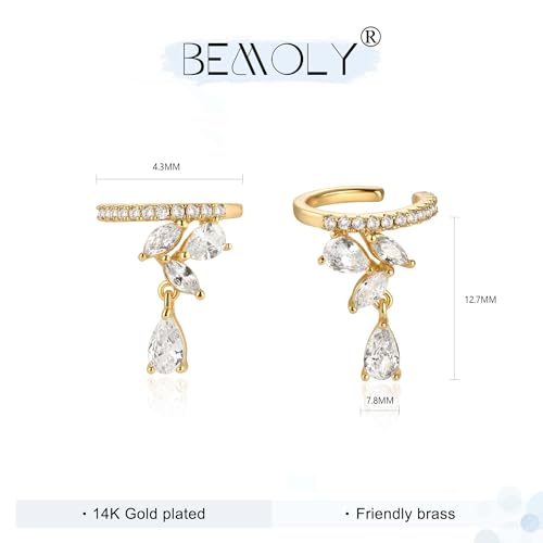 Bemoly Ear Cuff Earrings for Women 14K Gold Plated Cubic Zirconia Dangle Huggie Ear Cuffs Non Piercing | Clip On Cartilage - style: D-CZ flower-Pair