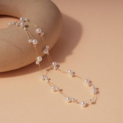 Pearls Necklaces for Women-18K Gold Plated Layered Gold Pearl Necklaces Dainty White Pearls Choker Necklace Chain Pearl Necklace for Women Elegant Valentines Gifts - color: Double Layer-2