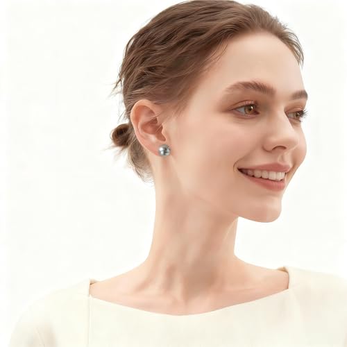 Grey Faux Pearl Stud Earrings, S925 Silver Posts Hypoallergenic for Women - color: Tahitian Platinum Grey, size: 12mm
