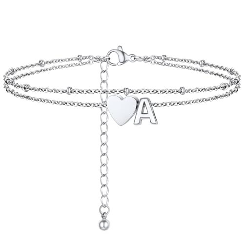 Initial Ankle Bracelets for Women, Dainty Stainless Steel Letter A-Z Layered Anklets, Heart Ankle Bracelet 8.5"-10.5" Adjustable, Summer Beach Jewelry, Come with Box - color: Silver, size: A