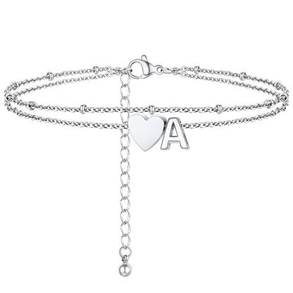 Initial Ankle Bracelets for Women, Dainty Stainless Steel Letter A-Z Layered Anklets, Heart Ankle Bracelet 8.5"-10.5" Adjustable, Summer Beach Jewelry, Come with Box - color: Silver, size: A