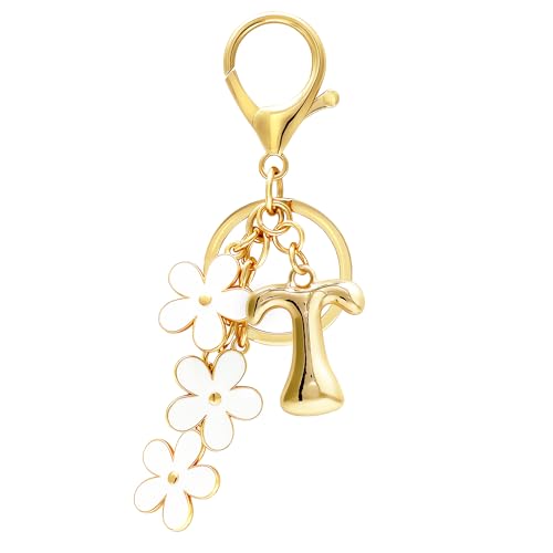 Floral Series Initial Bag Charm, Cute Flower & Bubble Letter Purse Charms, Keychain Accessories Gift for Women - color: White Flower, style: T