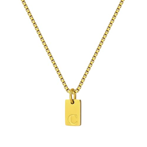 Gold Plated Square Initial Necklace Waterproof A-Z Letter Pendant on Thin Chain - Dainty, Stackable Jewelry for Women - color: Golden-C, size: F