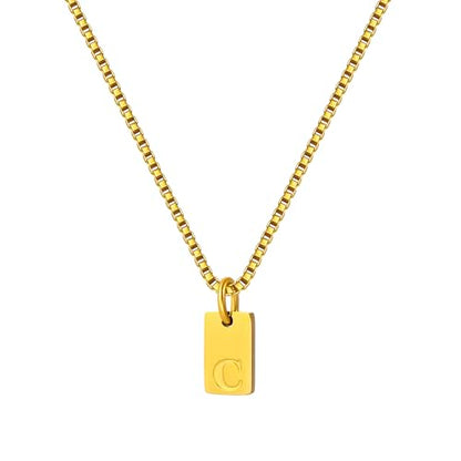 Gold Plated Square Initial Necklace Waterproof A-Z Letter Pendant on Thin Chain - Dainty, Stackable Jewelry for Women - color: Golden-C, size: F