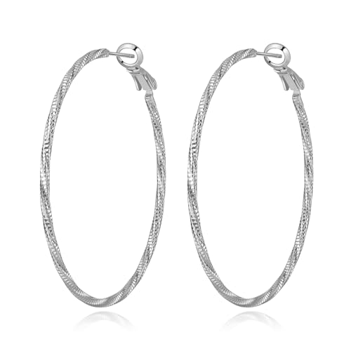 DAILY VIBES Dainty Thin Twisted Big Hoop Earrings for Women | 925 Sterling Silver Post, 14K Gold or Silver Plated Loop, Diamond-Cut Large Hoops, Hypoallergenic Hoop Earrings - color: Silver, size: 50mm