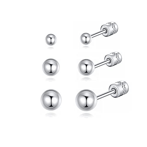 Screw on Earring Backs for Women,Hypoallergenic Surgical Steel Stud Earrings Ball Star Circle Simple Geometric Cartilage Helix Flat Back Piercing Earrings - color: 3pairs,Silver,Ball(3-5mm)