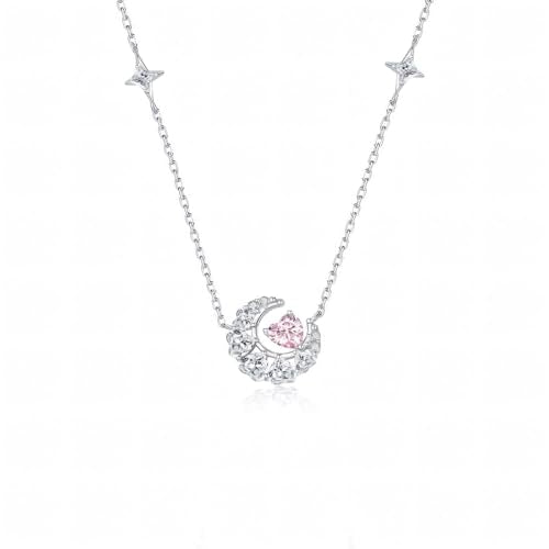 925 Sterling Silver Necklace for Women Trendy, Charming Layered Necklace with Cubic Zirconia Pendant for Her Womens Dainty Diamond Choker Necklaces Holiday Jewelry Gifts for Mom Wife Daughter Lover - color: Moon-Pink