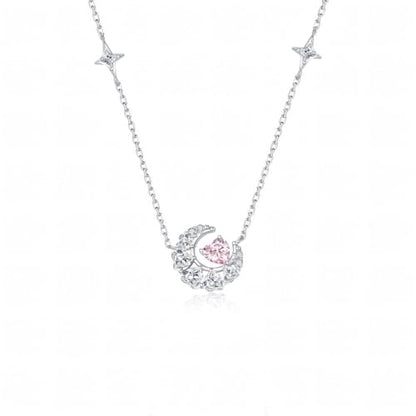 925 Sterling Silver Necklace for Women Trendy, Charming Layered Necklace with Cubic Zirconia Pendant for Her Womens Dainty Diamond Choker Necklaces Holiday Jewelry Gifts for Mom Wife Daughter Lover - color: Moon-Pink