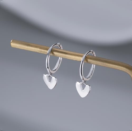 Reffeer Solid 925 Sterling Silver Small Love Heart Drop Earrings Hoop for Women Teen Girls Heart Hoop Earrings Huggie - color: A-Silver
