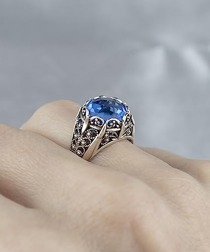 Filigranist 925 Sterling Silver Filigree Art Women Mini Dome Cocktail Ring with Gemstone, Gift Boxed - color: Blue Quartz