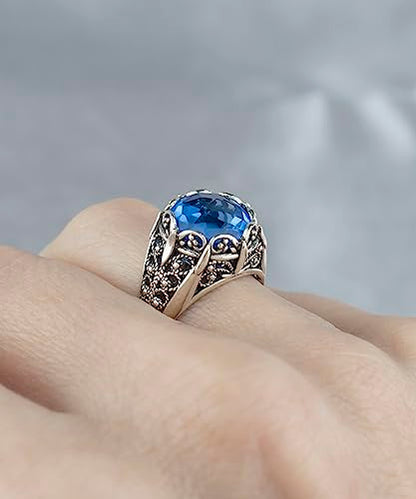 Filigranist 925 Sterling Silver Filigree Art Women Mini Dome Cocktail Ring with Gemstone, Gift Boxed - color: Blue Quartz