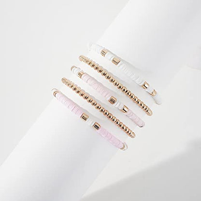 GOOJIDS Surfer Heishi Clay Bead Bracelets for Women Bohemian Stackable Gold Plated Beaded Stretch Bracelets Elastic Layering Friendship Bracelets Set Boho Jewelry - color: C-New Light Pink Sets