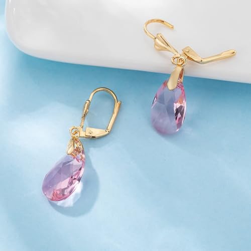 Austrian Crystal Teardrop Leverback Dangle Earrings for Women Fashion 14K Gold Plated Hypoallergenic Jewelry - color: Pink