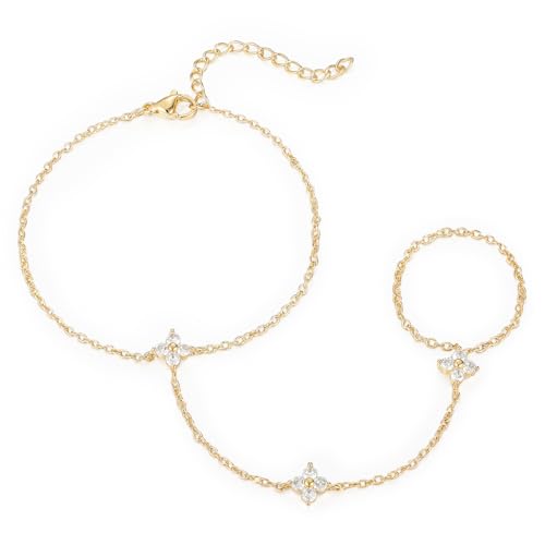 Emibele Gold Bracelets for Women, 18K Gold Plated Hand Chain, Cubic Zirconia Stainless Steel Non Tarnish Hand Chain Bracelet with Finger Ring, Adjustable Trendy Jewelry Valentines Day Gifts for Women - style: Four Leaf Flower