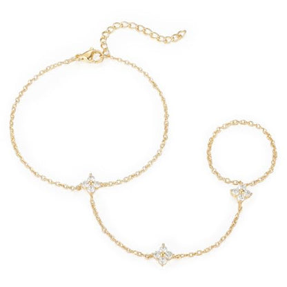 Emibele Gold Bracelets for Women, 18K Gold Plated Hand Chain, Cubic Zirconia Stainless Steel Non Tarnish Hand Chain Bracelet with Finger Ring, Adjustable Trendy Jewelry Valentines Day Gifts for Women - style: Four Leaf Flower
