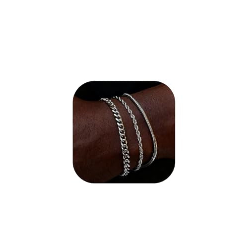 Mens Bracelet - Dainty Gold/Silver Chain Bracelet Stack 14K Gold Plated Silver Bracelets for Men Stainless Steel Adjustable Cross Charm Cuban Link Bracelet Snake Jewelry Set to Men Dad Birthday Day - color: S2, size: 7+2 Inch