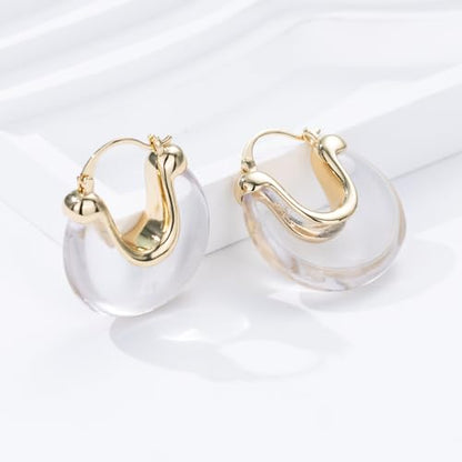 Chunky Gold Resin Hoop Earrings Leverback Statement Huggie Hoops Dangle Drop Dressy Earring Prom Festival Vacation Jewelry for Women - color: Clear, size: Drop