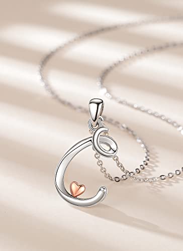 CELESTIA 925 Sterling Silver Initial Necklaces 26 Letter with Rose Gold Heart - 18 Inch Chain - color: C-Initial