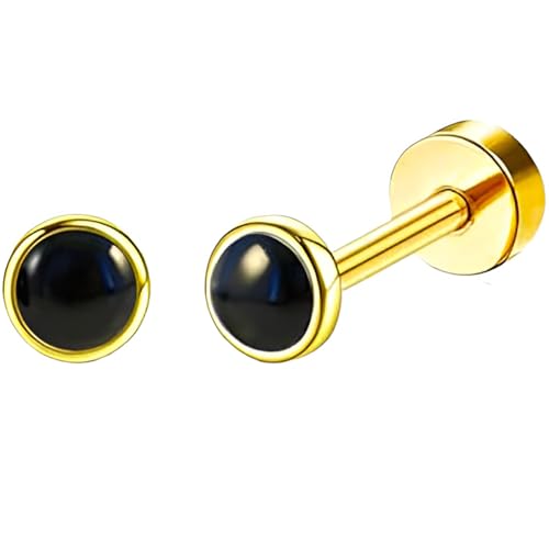 Stainless Steel Stud Earring 1 Pair Gold Flatback Earrings Hypoallergenic Screwback Jewellery Flat Back Helix Jewelry for Sensitive Ears Women Ladies Aretes De Mujer - style: Black Zircon