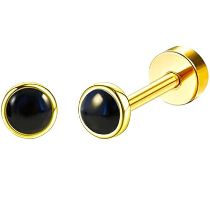 Stainless Steel Stud Earring 1 Pair Gold Flatback Earrings Hypoallergenic Screwback Jewellery Flat Back Helix Jewelry for Sensitive Ears Women Ladies Aretes De Mujer - style: Black Zircon