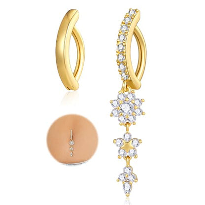 Apsvo 2Pcs Belly Button Ring for Women Surgical Steel CZ Clicker Belly Rings Hoop Teardrop Heart Dangle Belly Button Piercing Simple Reverse Navel Piercing Jewelry 14G - color: Gold-Dangle