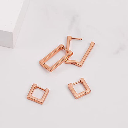 2 Pairs 14K Gold Plated Minimalist Hoop Earrings Small Dainty Geometric Square and Rectangle Huggies Hoops for Girls Women Gift, gold, silver and black - color: Rose Gold