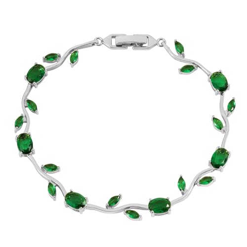 Tulip Flower Bracelet for Women 14K Gold Plated Stainless Steel with Colorful Cubic Zircon Dainty Cute Pink Rose Floral Jewelry Gift for Her Crystal Flower Leaf Bracelets -7.5inch/190mm - color: Green White Gold