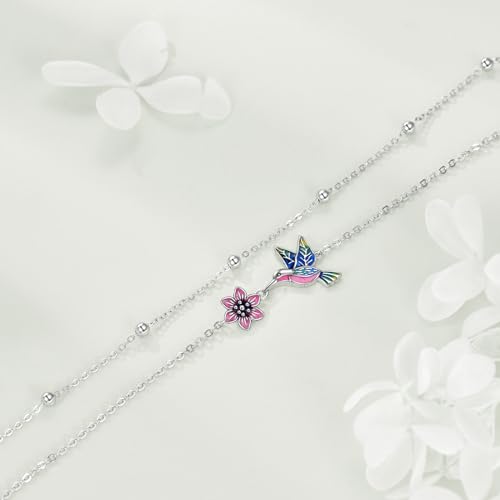 YAFEINI Anklet Bracelets for Women Girls Sterling Silver Hummingbird/Dragonfly/Butterfly Link Chain Anklets Jewelry Gifts - color: Layered hummingbird anklets