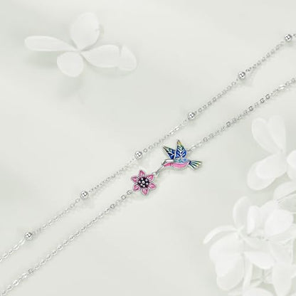 YAFEINI Anklet Bracelets for Women Girls Sterling Silver Hummingbird/Dragonfly/Butterfly Link Chain Anklets Jewelry Gifts - color: Layered hummingbird anklets