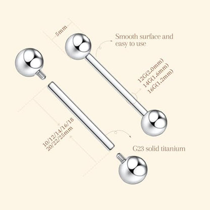 AROWRO Nipple Piercing Jewelry G23 Titanium Nipple Rings Tongue Rings Nipple Bar 14G Internally Threaded Straight Barbells Bridge Piercing Jewelry 12mm-20mm - color: Silver